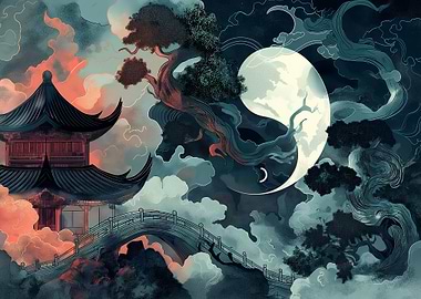Yin Yang Blue Asian Temple
