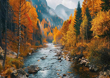 Forest at River in Autumn
