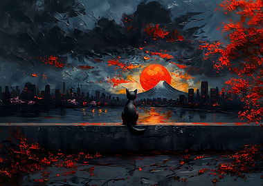 Black Cat Sunset Cityscape