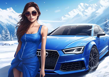 Woman in blue and Audi