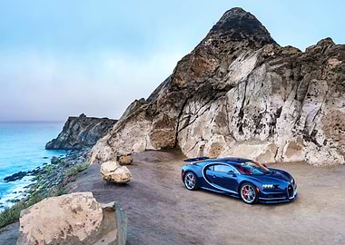 Blue Bugatti Chiron on Cliffside