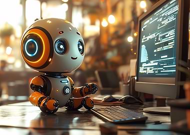 Cute Robot at Computer