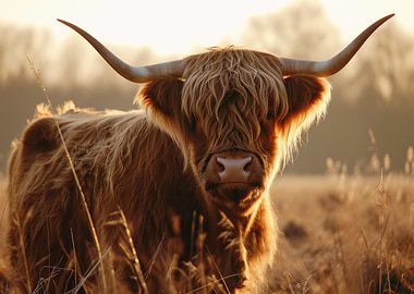 Highland Cow Portrait in golden hour