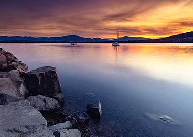 Sunset Sailboats on Calm Lake