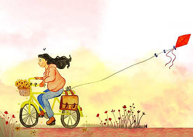 Woman Riding Bike with Kite
