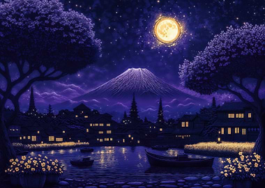 Nighttime Village with Mount Fuji