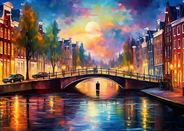 Nighttime Canal Bridge in Amsterdam