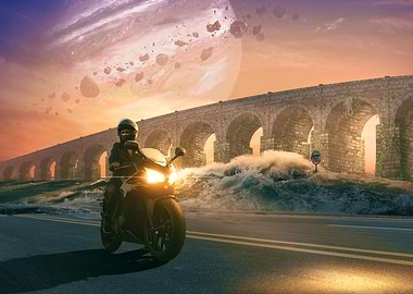 Motorcycle Rider on a Surreal Road