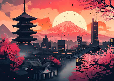 Japanese Cityscape with Mt. Fuji