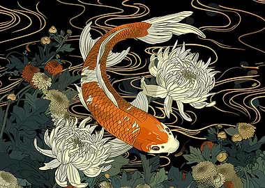 Koi Fish and Chrysanthemums