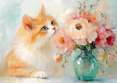 Whimsical Orange Cat and Flowers Painting