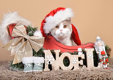 British shorthair Cat in Santa Hat with Noel Sign