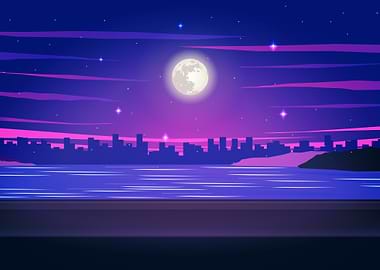 Night Cityscape with Full Moon