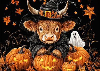 Halloween Cow with Pumpkins
