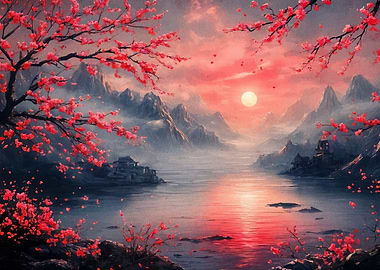 Cherry Blossom Sunset Landscape