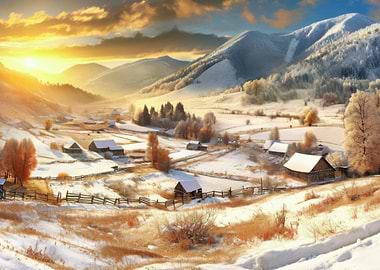 Snowy Mountain Village Sunset