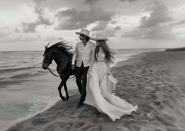 Couple Walking on Beach with Horse