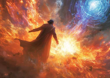 Man in Red Robe Amidst Fire