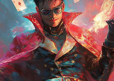 Man in Red Coat with Playing Cards