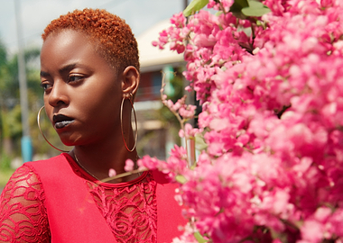 Woman in Red Dress with Flowers