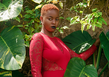 Woman in Red Dress by Lush Greenery
