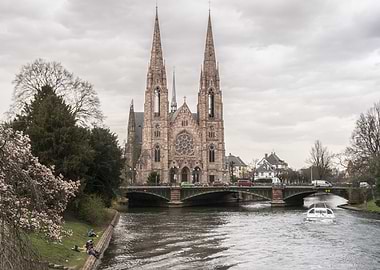 Church by the river, in Strasbourg, France, Alsace