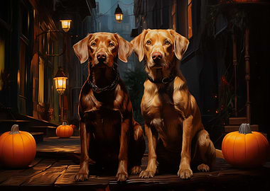 Fox red labs in a Halloween Alley