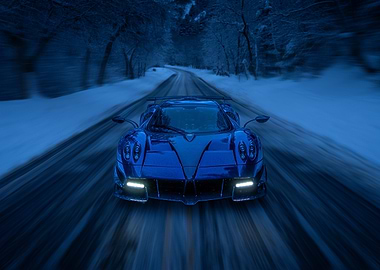 Blue Supercar in Snowy Forest