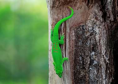 Green Gecko on Tree Trunk