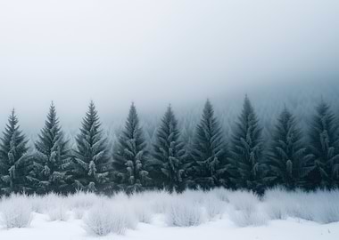 Snowy Forest in Fog Landscape