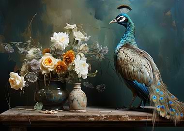 Peacock and Flowers Still Life