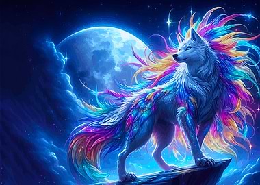 Rainbow Wolf Under Moon