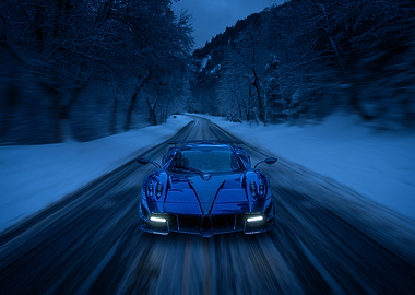 Blue Sports Car in Snowy Forest