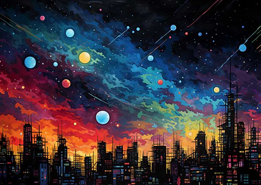 Cityscape Under a Cosmic Sky