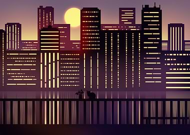 Cityscape Sunset with Cat