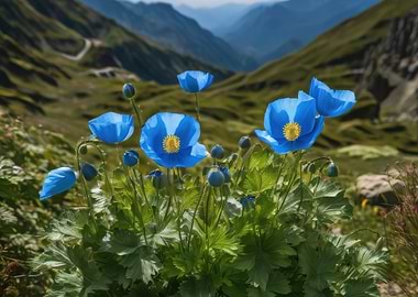 Blue Poppies in Mountain Landscape