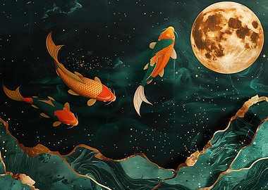 Koi Fish Under Full Moon Kintsugi Art