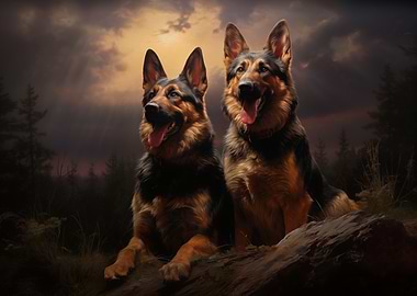 Two German Shepherds at Dusk