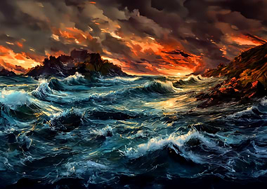 Fiery Sunset on a Stormy Sea Painting