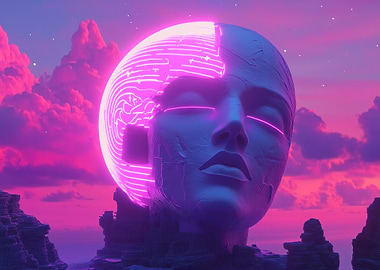 Neon Head Vaporwave Sculpture