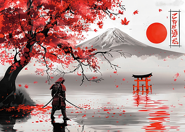 Samurai lake yamanaka red sun