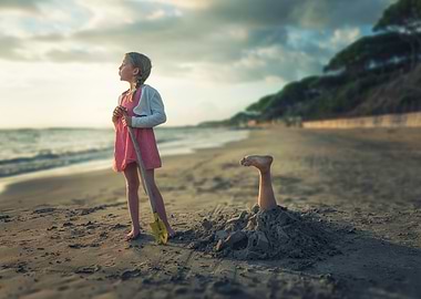 Girl on Beach with Buried Leg