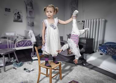 Playful Sisters in Messy Room