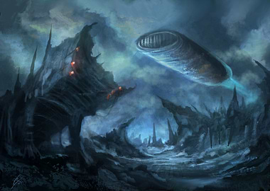 Alien Spaceship Over Desolate Landscape