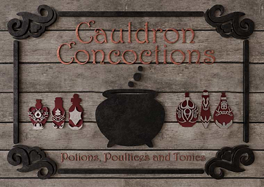 'Cauldron Concoctions' 3D Rendered Fantasy Potions Shop Sign