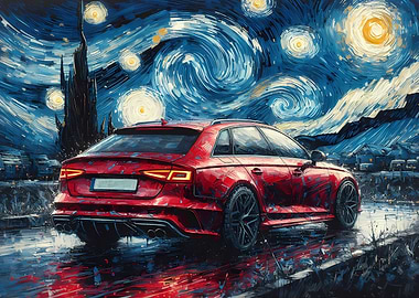 Red Audi Car Starry Night