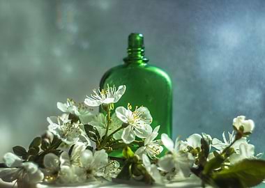 Green Bottle and Blossoms