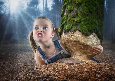 Girl and Beaver-Chewed Tree