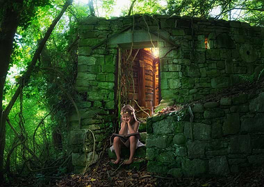 Girl Reading in Stone Archway