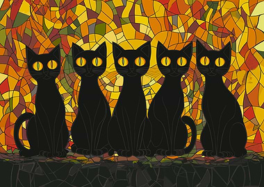 Glass Window with Five Black Cats